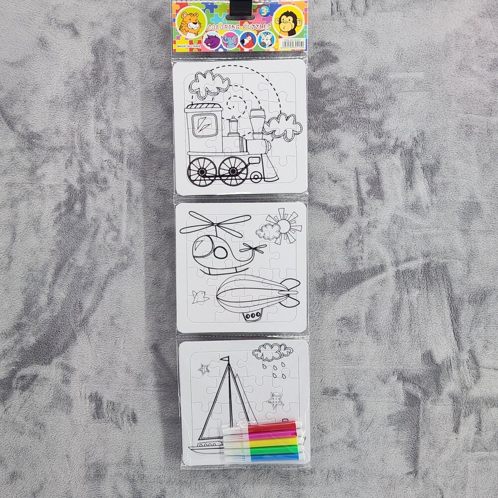 3 Coloring Puzzles, 5 Markers - Train, Helicopter/Blimp & Sailboat 5"X5" Travel